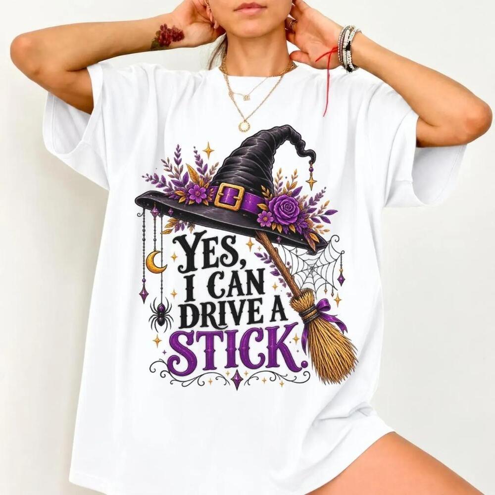 Yes I Can Drive A Stick Halloween Shirt, Witch Hat Broom Halloween Tee